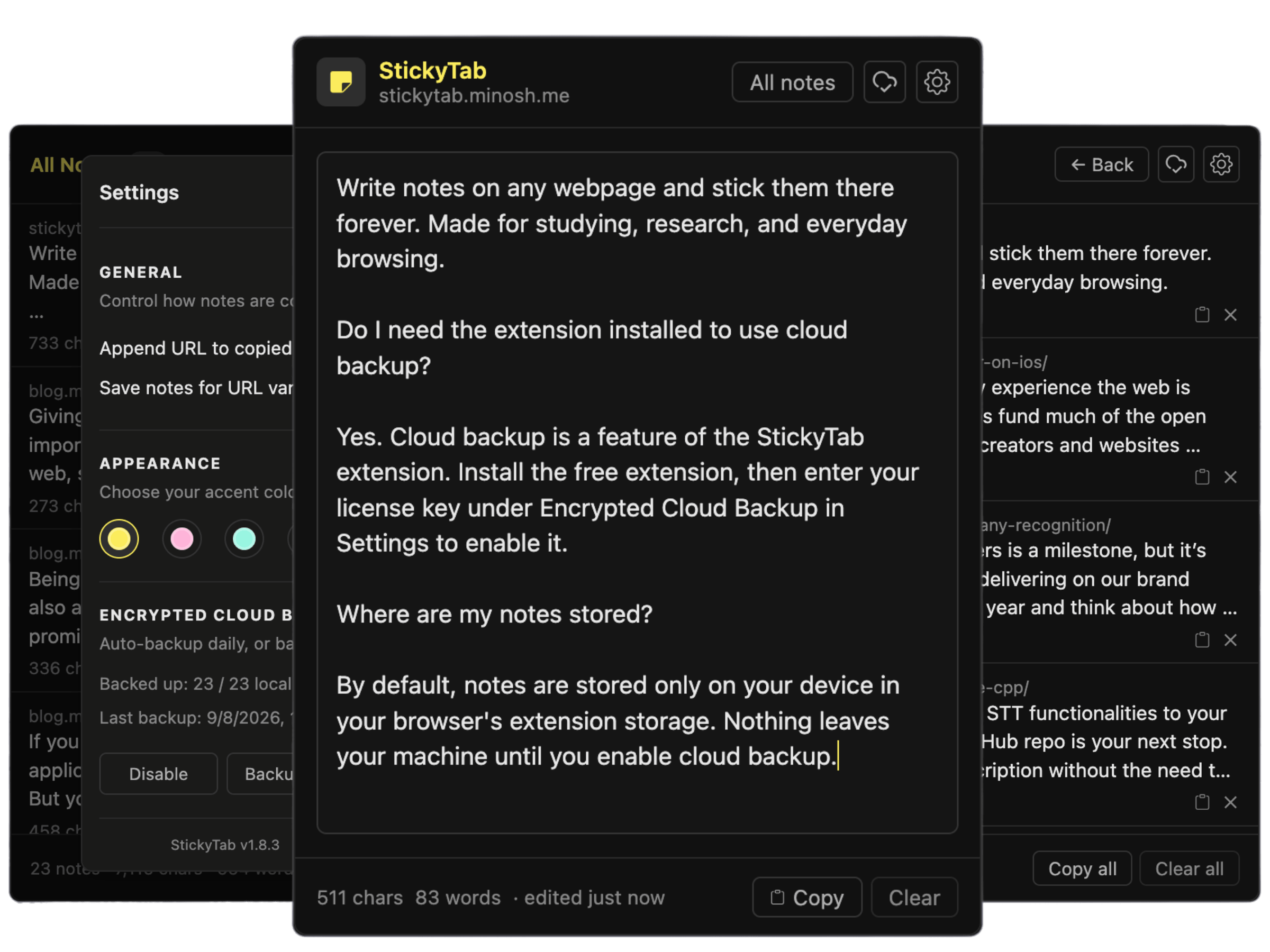 StickyTab Firefox add-on showing a sticky note attached to a webpage